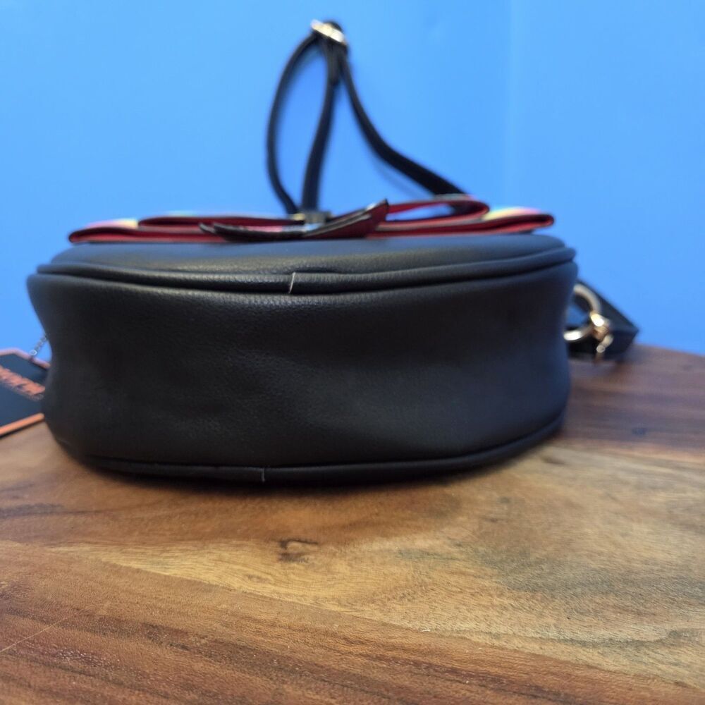 DIOPHY Round Crossbody Bag Black w/ Rainbow Stripe Bow Vegan Leather 9" - Picture 6 of 11